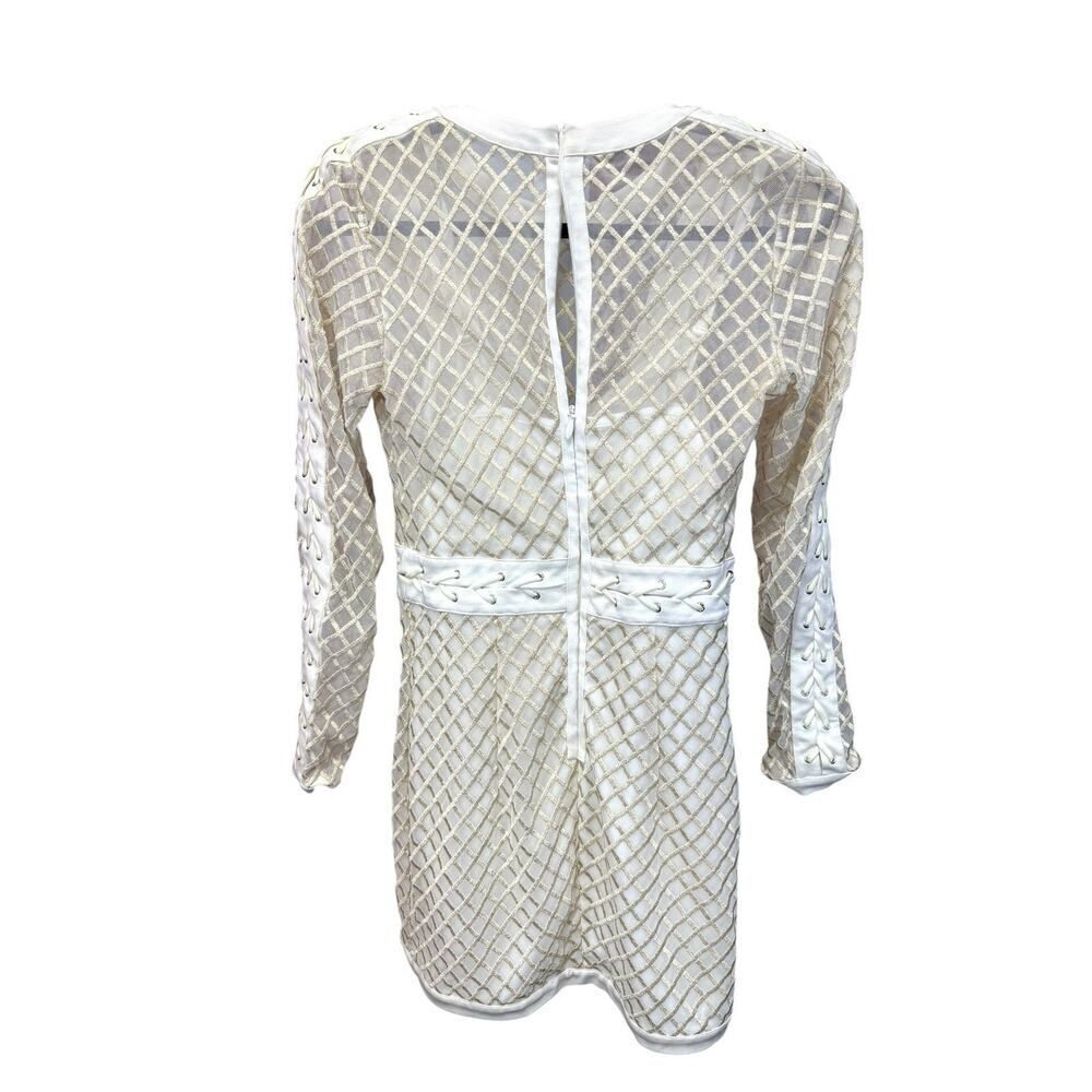 BEBE IVORY METALLIC EMBROIDERED MESH LACE UP DRESS KNEE LENGTH sz 8 - Picture 8 of 16